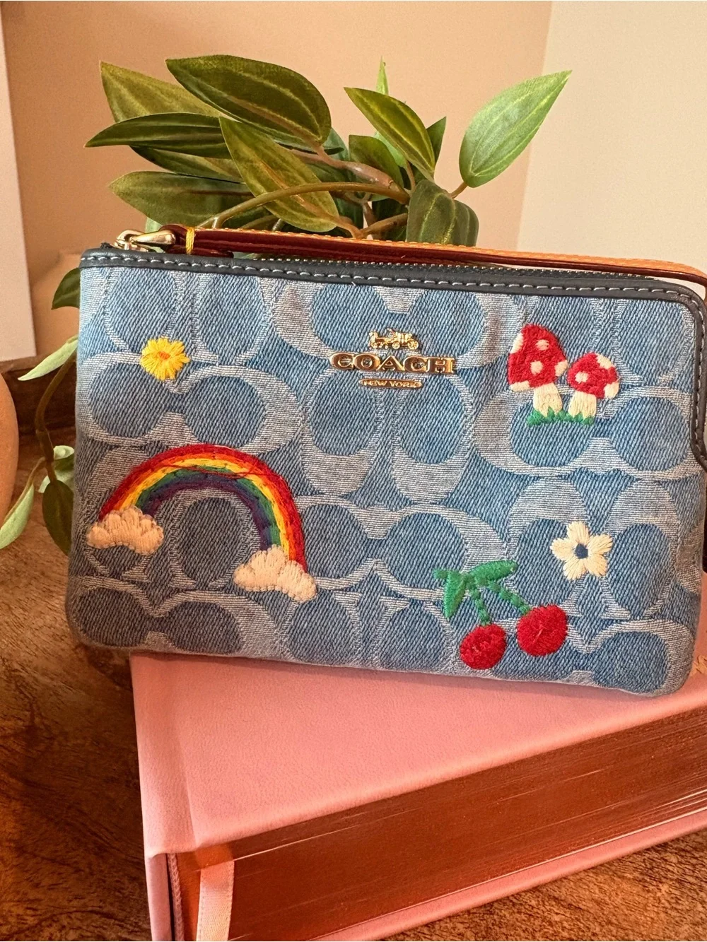 Coach Denim Pouch with Rainbow, Cherry & Mushroom Embroidery
